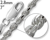Sterling Silver 7" Italian Rope Chain Bracelet 2.8MM