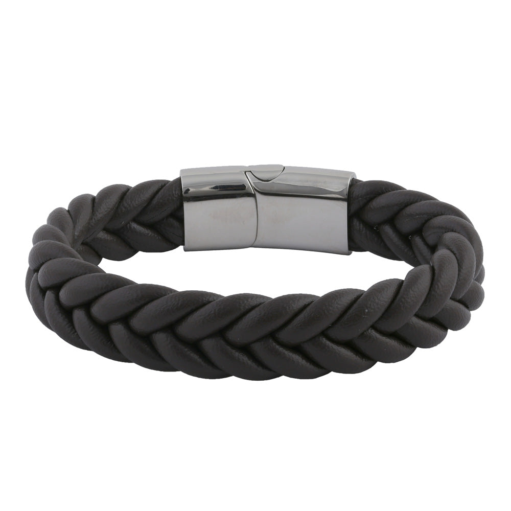 Stainless Steel Brown Leather Twist Bracelet