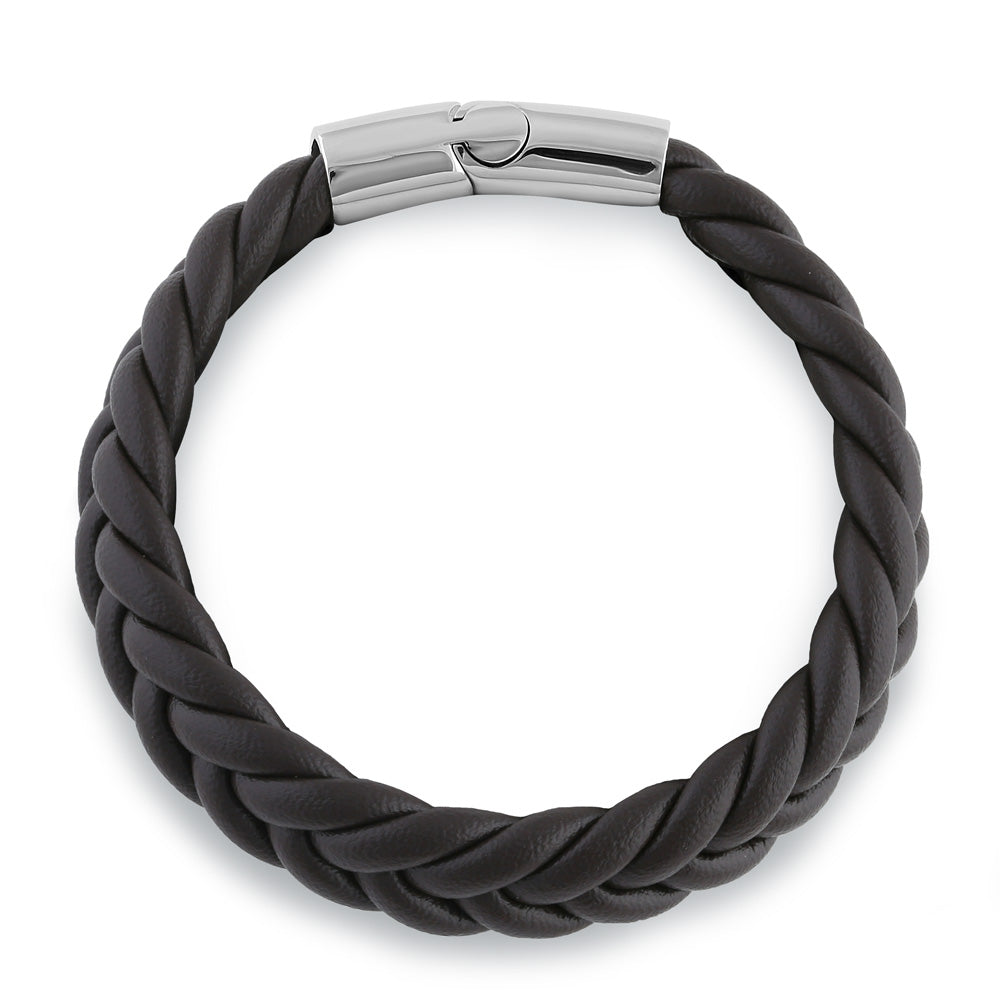 Stainless Steel Brown Leather Twist Bracelet