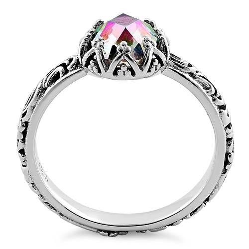 Sterling Silver Floral Rainbow Topaz CZ Ring