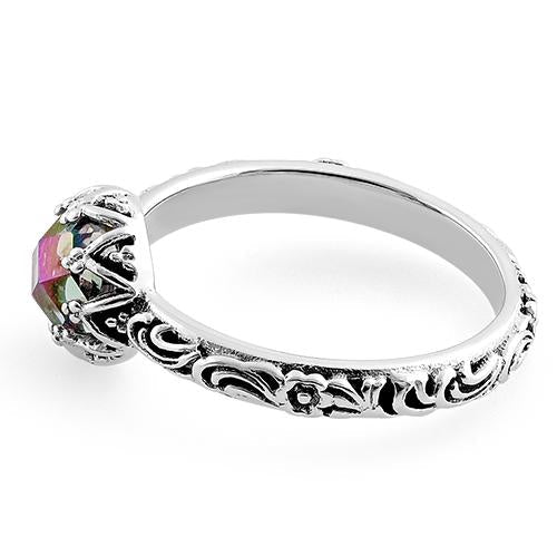 Sterling Silver Floral Rainbow Topaz CZ Ring