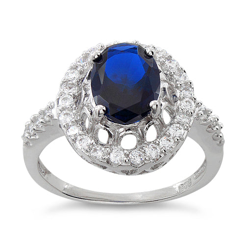 Sterling Silver Blue Sapphire Halo Cushion Cut CZ Ring
