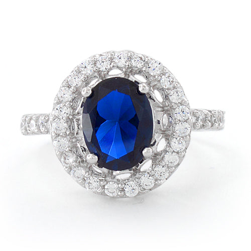 Sterling Silver Blue Sapphire Halo Cushion Cut CZ Ring