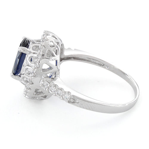 Sterling Silver Blue Sapphire Halo Cushion Cut CZ Ring
