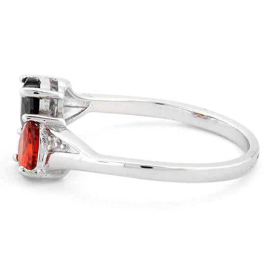 Sterling Silver Double Heart Black & Garnet Topaz CZ Ring