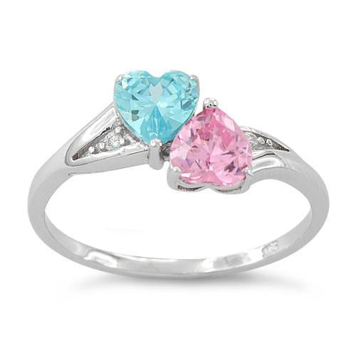 Sterling Silver Double Heart Pink & Blue Topaz CZ Ring