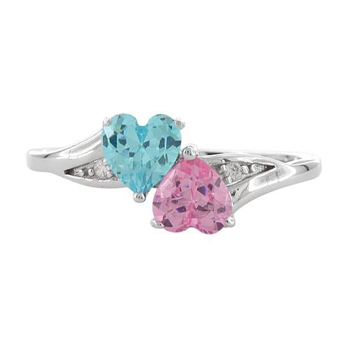 Sterling Silver Double Heart Pink & Blue Topaz CZ Ring