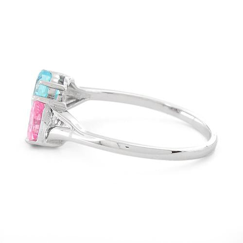 Sterling Silver Double Heart Pink & Blue Topaz CZ Ring